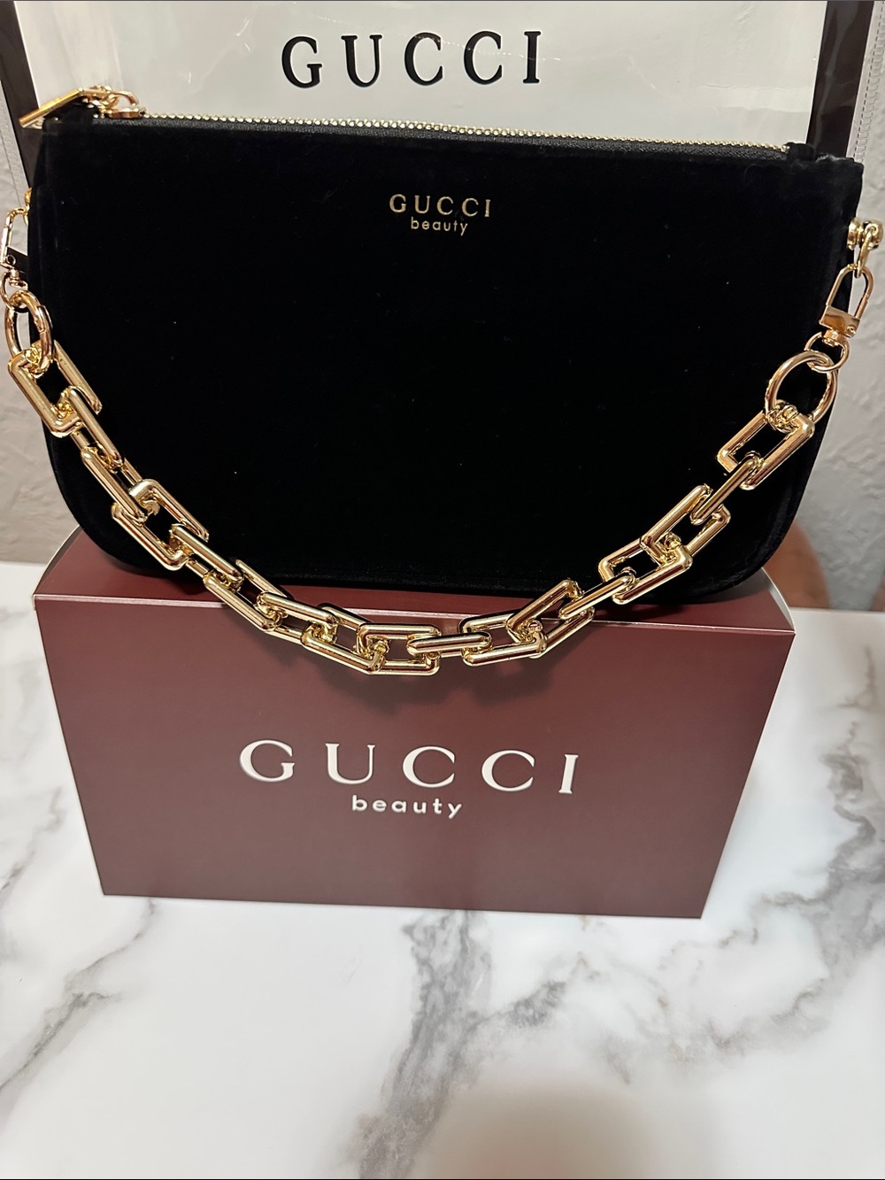 Gucci Black Velvet Cosmetic Pouch with Gold Accents, added Golden chain 🤩🖤